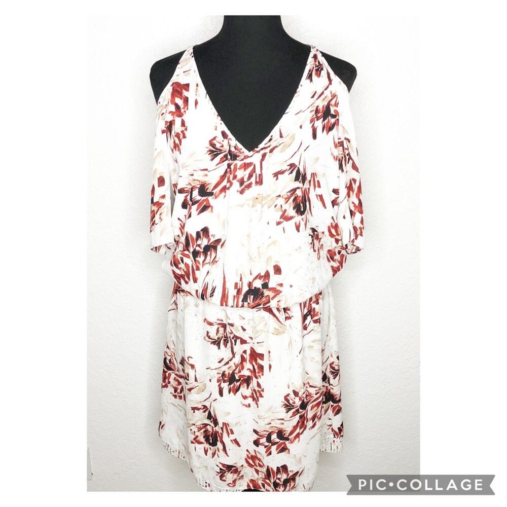 WHBM white red brown floral cold shoulder blouson dress size 10
